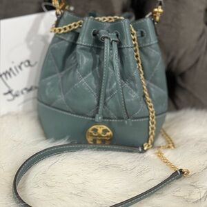 Tory Burch Blue Leather Shoulder Bag with Gold Logo